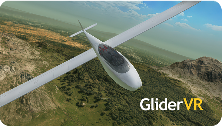 GliderVR sailplane flying over a mountain landscape